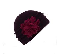 Ribbed Wool Cloche Beanie Hat with Flower Detail (Plum/Pink)