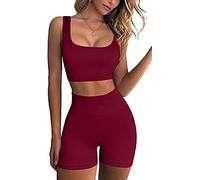 Ribbed Workout Sets for Women 2 Piece Gym Outfits Crop Tops High Waist Running Shorts Yoga Activewear, 01 Wine Red, S