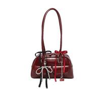 Ribbon Bow New Boston Shoulder Bag PU Leather Retro Pastel Got Handbag Kawaii Women's Bag (Wine Red 1)