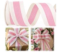 Ribbon Bow Ribbons for Holiday Birthday Accessory Decor, Spring Pink Stripe Wired Edge Ribbons for Bow Making, Baby Shower Ribbon Bows