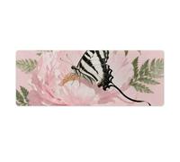 Ribbon Butterfly on Peony Desk Mat 30x80cm, Non-Slip Rubber Base with Stitched Edges, Waterproof Desk Pad for Keyboard & Mouse, Large Mouse Pad for Office Gaming