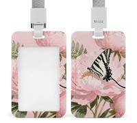 Ribbon Butterfly on Peony Id Badge Holder - Retractable Badge Holders, Heavy Duty Plastic Id Card Holder with Lanyard, Waterproof Name Tag Sleeve for Nurses, Teachers, Office Professionals