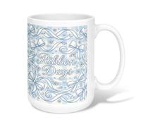 Ribbon Ceramic Coffee Mug, Festive Fanciful Stars Flowers Celebration Light Blue Novelty Office Drinking Cup with Handle Ideal for Friends Family Co-Worker Lovers Eldership Senior 15 Oz