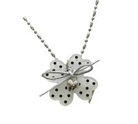 Ribbon Detail Pendant Necklace with Four Petal Shape, Heart Charm Accent, Silver Tone Chain Jewelry for Party Wear Four Petal Pendant Necklace Heart Charm Jewelry Silver Tone Beaded Chain Women Date