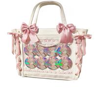 Ribbon Ita Bag Pins Display Single Shoulder Crossbody Bag PU Leather Big Capacity Tote Bag with Zipper, White
