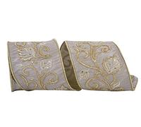 Ribbon - Leaf Scroll Embroidered Dupioni Meshed Back Wired Edge Ribbon, Champagne, 4 Inch, 5 Yards