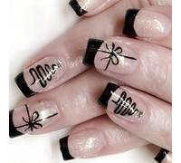 Ribbon Press On Nails Short Square Artificial Nails Glittering Full Covers Stick On Nails Christmas False Nails For Woman