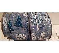 Ribbon Queen 2.5" Wide Wire Edged Wired Christmas Burlap Ribbon Blue Grey Collection Tinsel Bows Cakes Trim (Blue Grey Burlap linen with White and Peacock Teal Glitter Trees - divine!, 4.5m)
