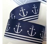 RIBBON QUEEN 2m x 38mm Nautical Anchor Seashore Navy Blue Grosgrain Ribbon for Birthday Cakes Wrapping Hair Bows Cards Craft in Branded Packaging