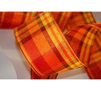 RIBBON QUEEN Fall Autumn Orange, Pumpkin Yellow Plaid Tartan Wired Ribbon 2 1/2"W x 3m