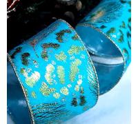Ribbon Queen Turquoise Teal Blue Wire Wired Edge Velvet Ribbon with Peacock Feather Design and Silver Lame Reverse. Christmas Weddings Bows Cakes Wreaths Trim