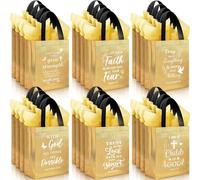 Ribbonlic 24 Pcs Christian Gift Bags with Tissue Paper Reusable Non Woven Bible Verse Tote Medium Size Religious Welcome Bag with Handle for Sunday School Church Visitors Inspirational Gift(Gold)