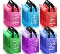 Ribbonlic 24 Pcs Christian Gift Bags with Tissue Paper Reusable Non Woven Bible Verse Tote Medium Size Religious Welcome Bag with Handle for Sunday School Church Visitors Inspirational Gift(6 Colors)