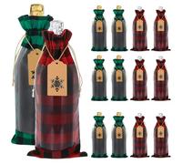 Ribbonlic 36 Pcs Burlap Christmas Wine Bottle Bags with Sheer Window Drawstring Ropes Tags Buffalo Plaid Reusable Drawstring Wine Cover Bag for Christmas Wedding Birthday Housewarming Holiday