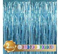 RIBBOOO 2 Pcs Light Blue Foil Fringe Tinsel Curtains, Metallic Glitter Curtain, door streamers for Stage, Birthday Wedding Baby Shower, Christmas Party Decoration (3.28 ft x 6.56 ft)