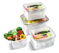 Ribech Fresh Food Storage Containers with Lids Airtight, 4 Pack Fridge Containers Organizers with Removable Colander For Fruit Salad Vegetables, Leakproof Kitchen Organisers White