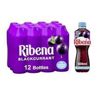 Ribena Blackcurrant Juice Drink No Added Sugar 500ml - Multipack of 12 | Real British Blackcurrants | Rich in Vitamin C | No Artificial Colours | Low Calorie |100% Recycled Plastic Bottle