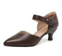 RIBONGZ Comfortable Kitten Heels for Women Pointed Closed Toe Ankle Strap Buckle Heels Slip on Low Heel Church Pumps Wedding Bridal Party Dressy Shoes, Brown Pu, 5 UK