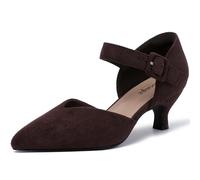 RIBONGZ Comfortable Kitten Heels for Women Pointed Closed Toe Ankle Strap Buckle Heels Slip on Low Heel Church Pumps Wedding Bridal Party Dressy Shoes, Chocolate Brown, 6 UK