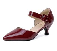 RIBONGZ Comfortable Kitten Heels for Women Pointed Closed Toe Ankle Strap Buckle Heels Slip on Low Heel Church Pumps Wedding Bridal Party Dressy Shoes, Burgundy, 9 UK