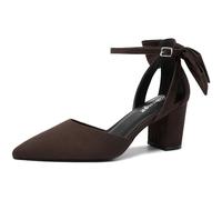 RIBONGZ Wedding Bridal Shoes for Women Chunky Block Heel Pumps Closed Pointed Toe Heels with Elegant Bow Knot Comfort Evening Party Prom Office Shoes, Chocolate Brown Suede, 8 UK