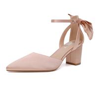RIBONGZ Wedding Bridal Shoes for Women Chunky Block Heel Pumps Closed Pointed Toe Heels with Elegant Bow Knot Comfort Evening Party Prom Office Shoes, Champagne Gold, 5.5 UK