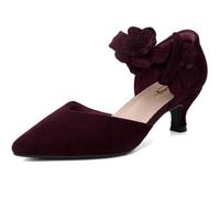 RIBONGZ Women's Low Kitten Heel Pumps Comfortable Pointed Toe Dress Shoes Flower Strap Slip On Dressy Heels for Wedding Dancing Party Office Work, Burgundy, 3 UK