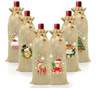 RIBSUQA 6 Pcs Burlap Wine Bags, Reusable Christmas Bottle Bags with Drawstring, Wine Bottle Covers Bag for Winter Xmas Wedding Party