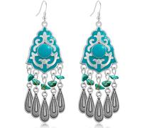Ricarmo Bohemian Dainty Crystal Teardrop Vintage Sliver Fringe Lightweight Dangle Drop Earrings Ethnic Enamel Flower Tassel Hook Earrings For Women Jewelry Gifts, Metal, enamel