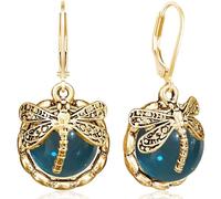 Ricarmo Bohemian Vintage Rhinestone Crystal Dragonfly Lightweight Dangle Drop Earrings Ethnic Moonstone Gemstone Butterfly Leverback Earrings for Women, 2.44inch, Metal, No Gemstone