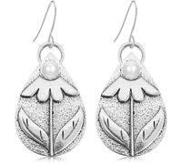 Ricarmo Bohemian Vintage Silver Nature-inspired Pearl Leaf Handcrafted Dangle drop Earrings Ethnic Retro Lightweight Hook Earrings For Women, 2.44inch, Metal, No Gemstone