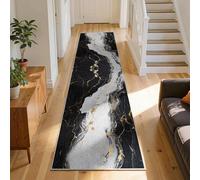 RICAUOU Marble Runner Rug, 60x200cm Modern Luxurious Black Gray Minimalist Abstract Washable Kitchen Runner Soft, Non-Slip, Low-Pile, Non-Shedding Entryway Rugs for Living Rooms Laundry Rooms
