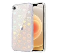 Riccase for iPhone 16e Case, Clear Cute Glitter Holographic Heart Phone Case for Girls Women, Anti-Yellow Protective Hard PC Cover Soft Silicone Frame for iPhone 16e, Rainbow Heart