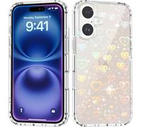 Riccase for iPhone 17 Case, Clear Cute Glitter Holographic Heart Phone Case for Girls Women, Anti-Yellow Protective Hard PC Cover Soft Silicone Frame for iPhone 17, Rainbow Heart