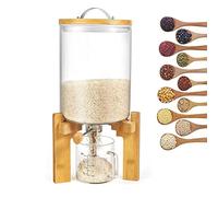 Rice Dispenser with Bamboo Stand, Glass Cereal Container for Kitchen Organization, Includes Measuring Cup and Valve Control for Fresh Storage, 5L/8L Capacity