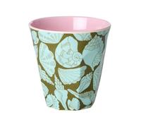 Rice DK Medium Melamine Cup with Elegant Seashell Print, Mint Green and Khaki Design, Pink Interior, Reusable Drinkware
