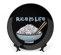Rice is Life Personalized Bone China Decorative Plate Ceramic Decorative Plates with Display Stand for Home Office Decor