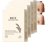 Rice Milk Soap Bars with Reusable Mesh Soap Bags, Gentle Long-Lasting Moisturizing for All Skin Type, Vegan Rice Soap for Body & Face Wash, Deep Cleaning Handmade Soap Bar for Men & Women (4pcs)
