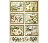Rice Paper A4, Christmas Stamp Collection with Robins, Winter Cabins and Poinsettias, Holiday Decoupage Paper DFSA4342