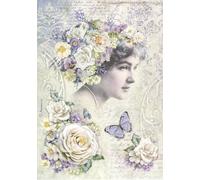 Rice Paper A4, Romantic Lady with White Rose Crown and Purple Butterflies, Vintage Portrait Decoupage Paper DFSA4230