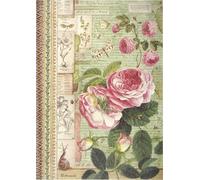 Rice Paper A4, Romantic Pink Roses and Botanical Garden Study with Snail and Butterflies, Vintage Floral Decoupage Paper DFSA4359