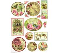 Rice Paper A4, Vintage Birds and Pink Roses, Floral Medallions Decoupage Paper DFSA4072