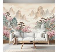 Rice Pink Wallpaper Mural Tradition Landscape Mountains Waterfalls Rivers 3D Silk Fabric Walls Mural Photo Wallpaper, Art Print Decor for Living Room Kids' Bedroom Photo Wall Decoration 400x280cm