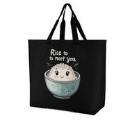 Rice to Meet You Lightweight Large Shopping Bag with Inside Pocket Reusable Grocery Bags Foldable Shoulder Handbag