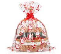 RICEDUO 10 Pcs Christmas Cellophane Gift Bags 60x75 CM - Large Clear Plastic Xmas Gift Baskets Wrap with 10 Pull Bows - Santa Theme for Christmas Presents, Party Favors & Decorations