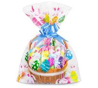 Riceduo 10 Pcs Large Easter Cellophane Basket Bags, 24x30 Inch Big Clear Basket Bags, Large Clear Cellophane Wrap with 10 Pcs Pull Bow for Easter Baskets, Plastic Wrap Gift Bags for Kids Easter Party