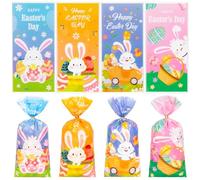 RICEDUO 100PCS Easter Cellophane Treat Bags, Easter Cellophane Candy Bags with Gold Twist Ties, Cute Plastic Easter Cookie Bags Gift Bags for Easter Party Favor Supplies