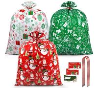 RICEDUO 3 Pcs Large Christmas Sacks 44''x36'' - Oversized Plastic Xmas Gift Bags with Tag & Tie Red, Jumbo Holiday Santa Bags for Giant Christmas Gifts