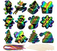 RICEDUO 36 Pcs Christmas Scratch Crafts Art for Kids, Rainbow Scratch Paper With Wooden Sticks, Ornaments for Kids Party Favors Supplies