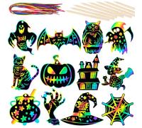 RICEDUO Halloween Scratch Paper Art Set - 48 Pcs Halloween 12 Design Magic Rainbow Scratch Off Cards for Kids, Hanging Ornaments for Halloween Party Favors Activities